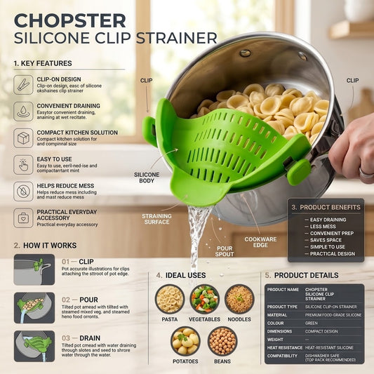 Silicone clip-on kitchen strainer for pots and pans